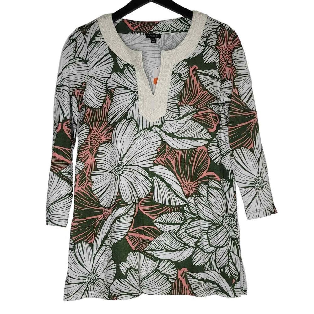 Talbots Womens XS Floral Tunic Top Green Pink White Pima Cotton Modal 3/4 Sleeve